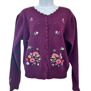 Cottagecore Vintage Purple Embroidered 3D Knit Pointelle Cardigan size M